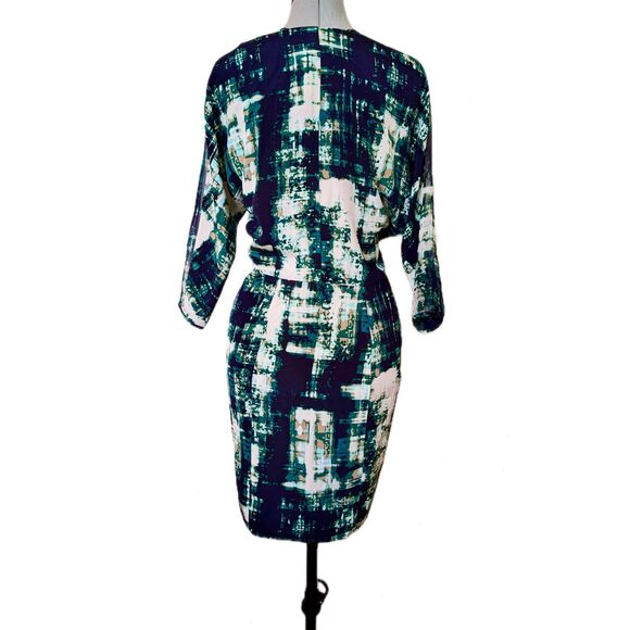POLECI 100% Silk Abstract Print Surplice Faux Wrap Knee Length Dress, Fits 6/8 - Picture 2 of 12